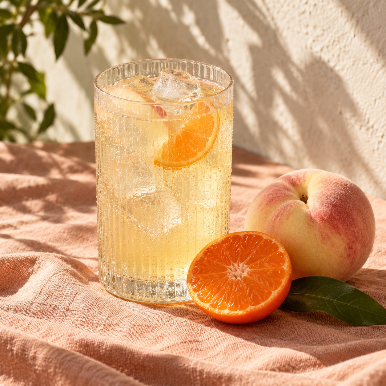 An iced citrus drink, fresh fruit and afternoon sunlight on a peach linen table